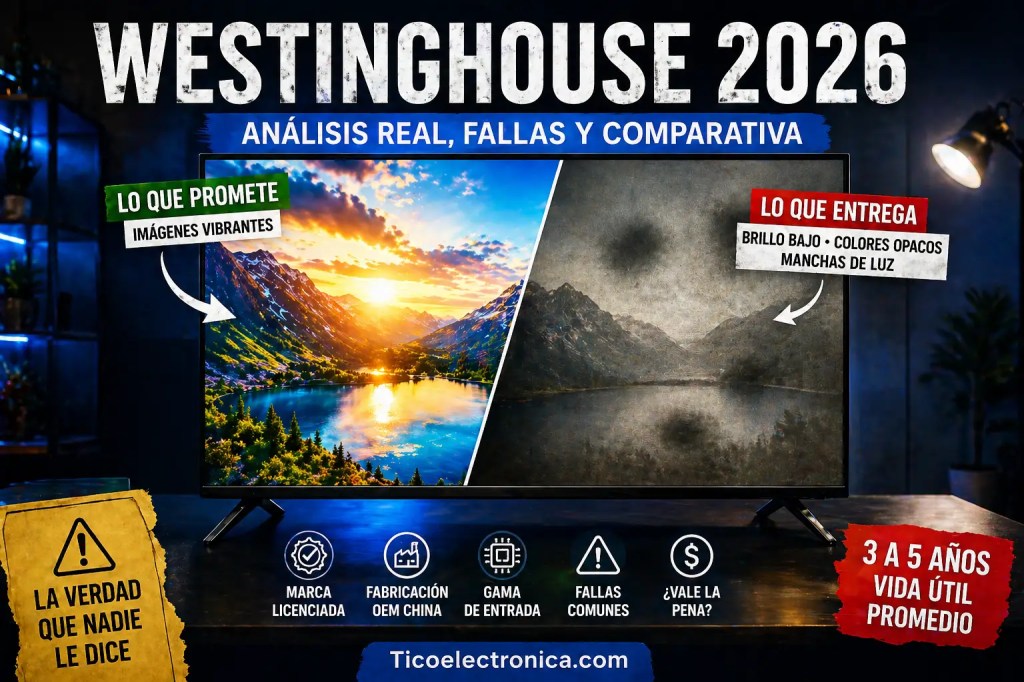 Westinghouse Costa Rica 2026: análisis real y comparativa. Imagen destacada que resume las limitaciones de la marca licenciada OEM china: brillo bajo, colores opacos, manchas de luz, vida útil de 3 a 5 años, fallas comunes en fuente de poder y backlight. Incluye la pregunta clave "¿Vale la pena?" y el contraste entre lo que promete y lo que entrega. Basada en más de 30 años de experiencia en taller.
