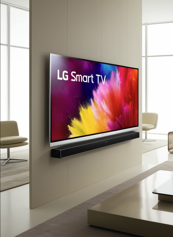 Televisor LG Smart TV montado en la pared, con una pantalla mostrando colores vibrantes y un sistema de sonido debajo.