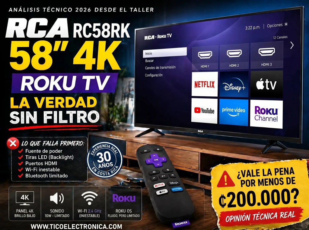 RCA RC58RK 58 pulgadas 4K Roku TV - análisis técnico real desde el taller en Costa Rica. Imagen destacada que resume fallas comunes (fuente de poder, tiras LED, puertos HDMI, Wi-Fi inestable, Bluetooth limitado), calidad de imagen (brillo bajo, panel 4K básico), sonido limitado, sistema Roku OS fluido pero restringido, y la pregunta clave: ¿vale la pena por menos de ₡200.000? Basado en más de 30 años de experiencia reparando televisores.