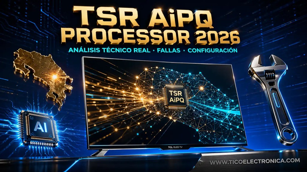 Imagen destacada del artículo técnico sobre el procesador TSR AiPQ de TCL 2026. Muestra un televisor TCL OLED con el texto "TSR AiPQ PROCESSOR 2026", "ANÁLISIS TÉCNICO REAL • FALLAS • CONFIGURACIÓN", el icono de IA, y la URL www.ticoelectronica.com. Representa el análisis real desde el taller de TicoElectrónica en Costa Rica.