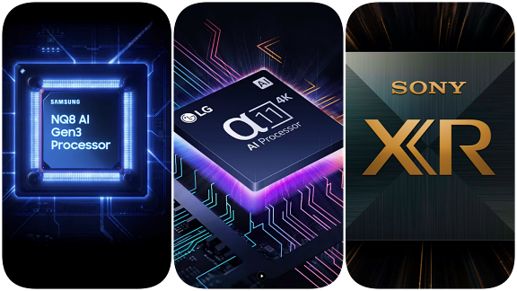 Procesadores avanzados de Samsung, LG y Sony mejoran brillo, color y sonido para una experiencia audiovisual única.