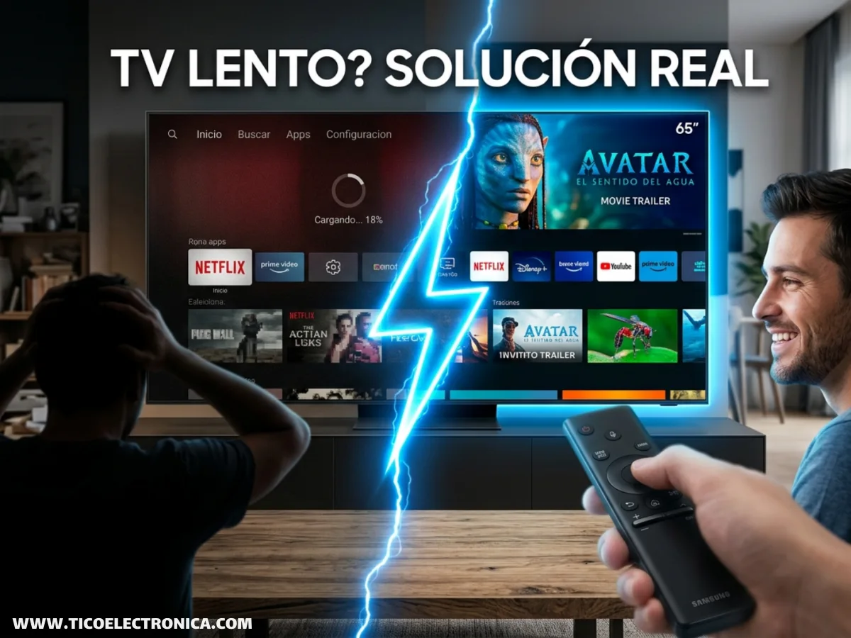 Smart TV lento con barra de carga congelada al 18% mientras intenta abrir Netflix. Solución real para acelerar Android TV, Tizen (Samsung), webOS (LG) y otras marcas. 5 trucos probados desde taller técnico en Costa Rica. TicoElectrónica 2026.