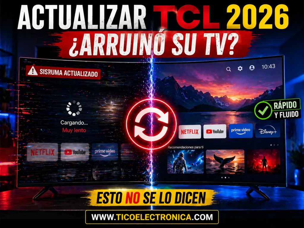 Actualizar TCL 2026 – imagen comparativa que pregunta "¿Arruinó su TV?" Muestra un televisor TCL lento (cargando Netflix, YouTube, Prime Video) versus uno rápido y fluido. Advertencia: "Esto no se lo dicen". Basada en experiencia real de taller en Costa Rica.