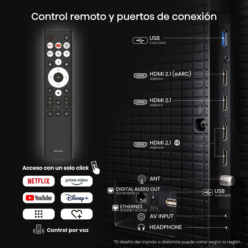 Vista del diseño y características del Smart TV Hisense QLED 100Q7QG