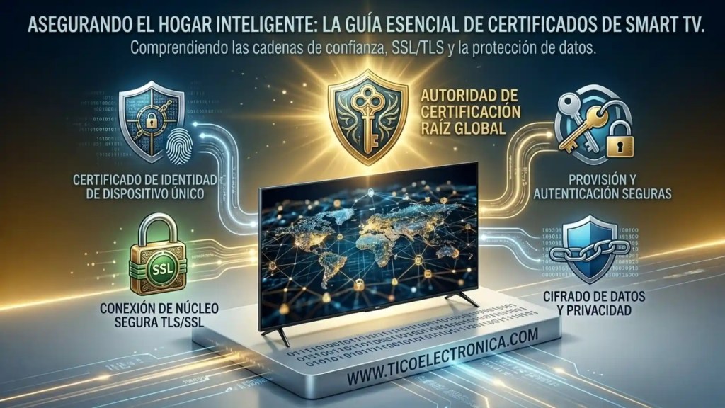 Infografía: cadena de confianza digital en Smart TV con SSL/TLS, autoridades raíz, cifrado de datos y privacidad para el hogar inteligente