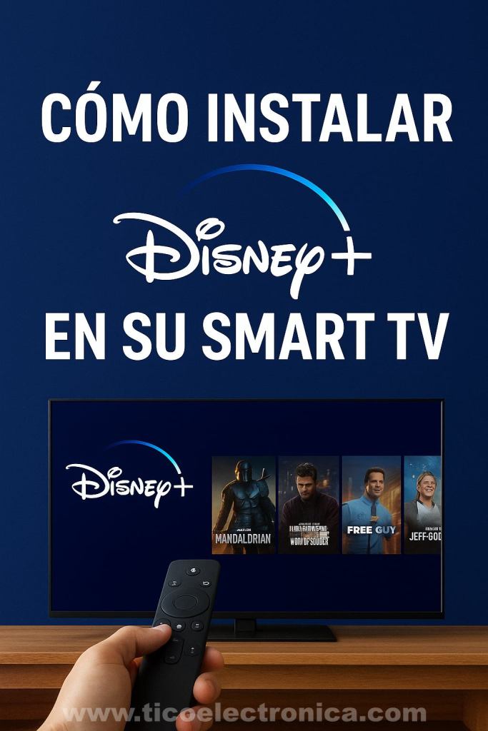 Imagen que muestra cómo instalar Disney+ en un Smart TV, con el logotipo de Disney+ en la pantalla y una mano sosteniendo un control remoto frente al televisor.