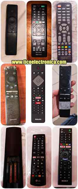 Conjunto de 9 controles remotos de diferentes marcas, gestionados por TicoElectrónica Costa Rica para venta y reemplazo de controles de TV.