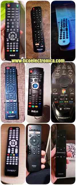 Imagen de 9 controles remotos variados, incluidos TCL, Panasonic y Haier, listos para reemplazo de controles TV en TicoElectrónica Costa Rica.
