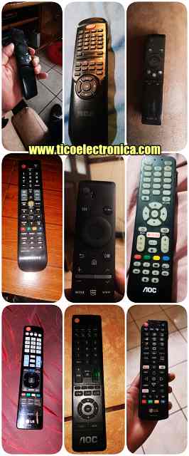 Selección de 9 controles remotos de Samsung, LG, Durabrand y Xiaomi, preparados para venta y reparación de controles de TV en TicoElectrónica.