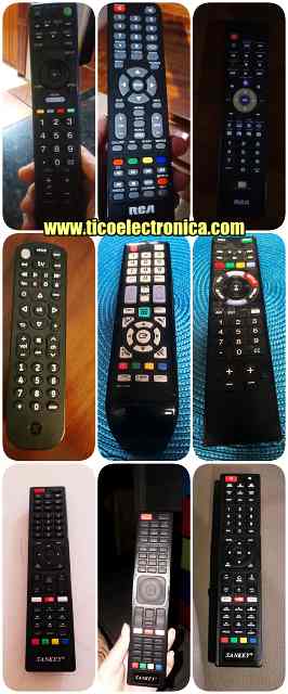 Imagen con 9 controles remotos de diferentes marcas de clientes, listos para reemplazo de controles TV en TicoElectrónica Costa Rica.