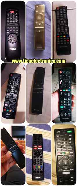 Conjunto de 9 controles remotos variados, incluidos Samsung, LG y Panasonic, listos para reemplazo de controles TV en TicoElectrónica Costa Rica.