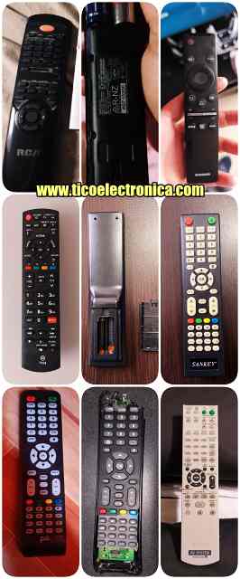 Selección de 9 controles remotos variados de TCL, Haier y Panasonic, preparados para venta y reemplazo de controles de TV en TicoElectrónica.
