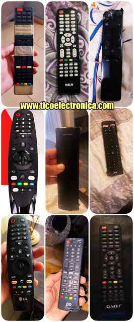 Collage mostrando 9 controles remotos de clientes, marcas como RCA, Xiaomi y Durabrand, preparados para reparación y reemplazo de TV.