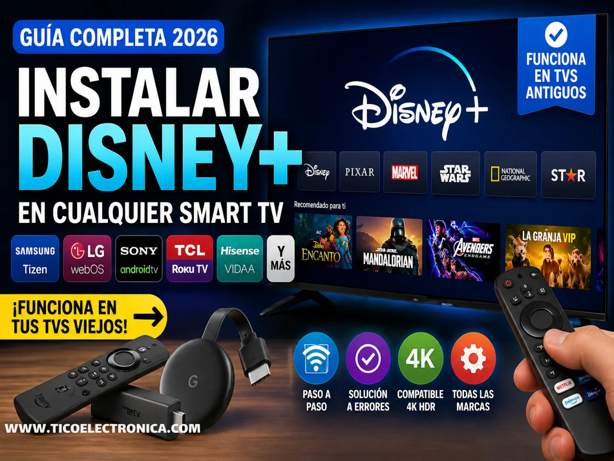 Guía completa 2026 para instalar Disney+ en cualquier Smart TV: funciona en televisores antiguos, incluye marcas Samsung (Tizen), LG (webOS), Sony (Android TV), TCL (Roku TV), Hisense (VIDAA). Contenido 4K HDR, paso a paso, solución de errores. Compatible con Disney, Pixar, Marvel, Star Wars, National Geographic, La Granja VIP, Avengers Endgame. TicoElectrónica.