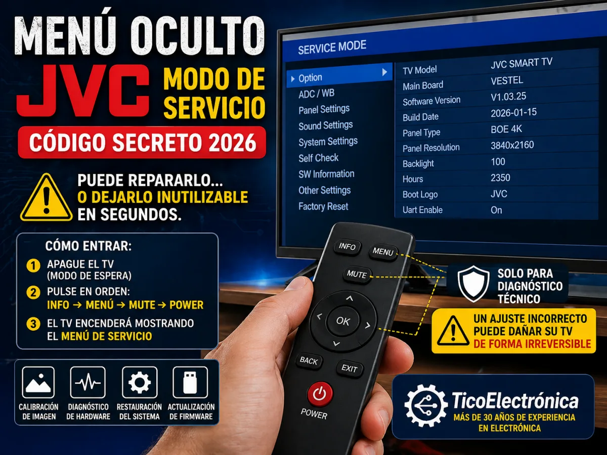 Menú oculto de JVC 2026: código secreto y modo de servicio (service mode). Instrucciones: apagar TV (modo espera), pulsar Info → Menú → Mute → Power. Muestra opciones como Option, Main Board, Panel Settings, Self Check, Factory Reset. Solo para diagnóstico técnico. TicoElectrónica Costa Rica.