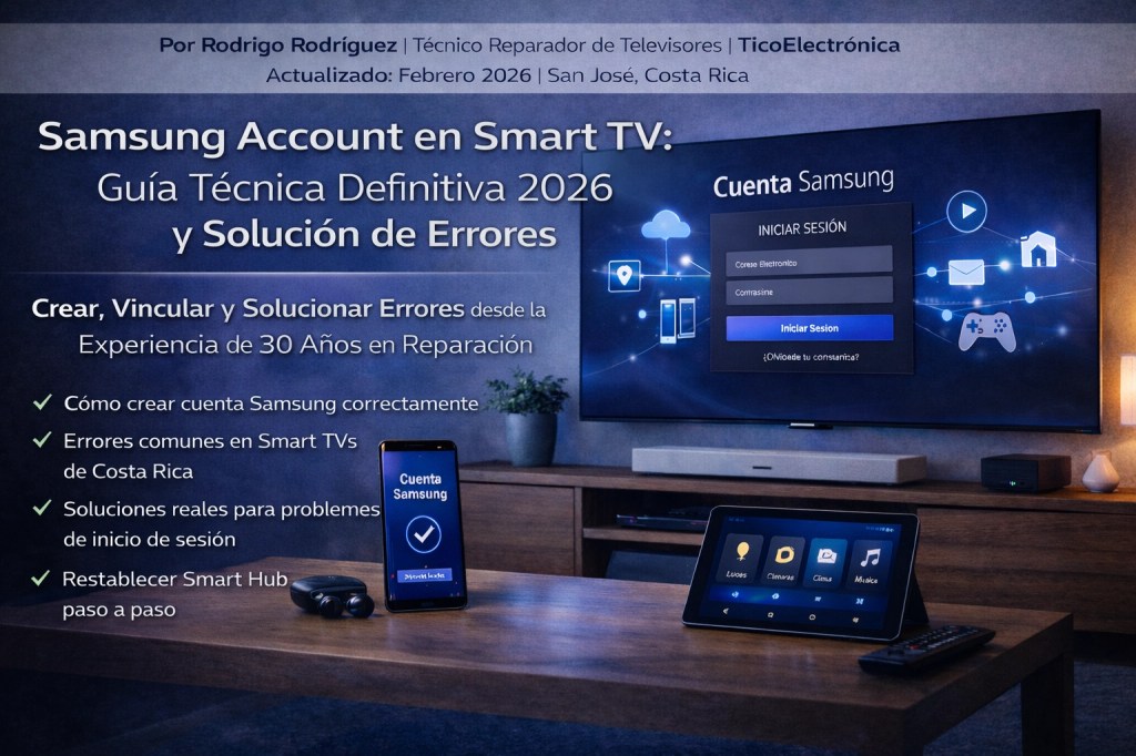 Pantalla de Smart TV Samsung mostrando inicio de sesión de Samsung Account y soluciones a errores de conexión