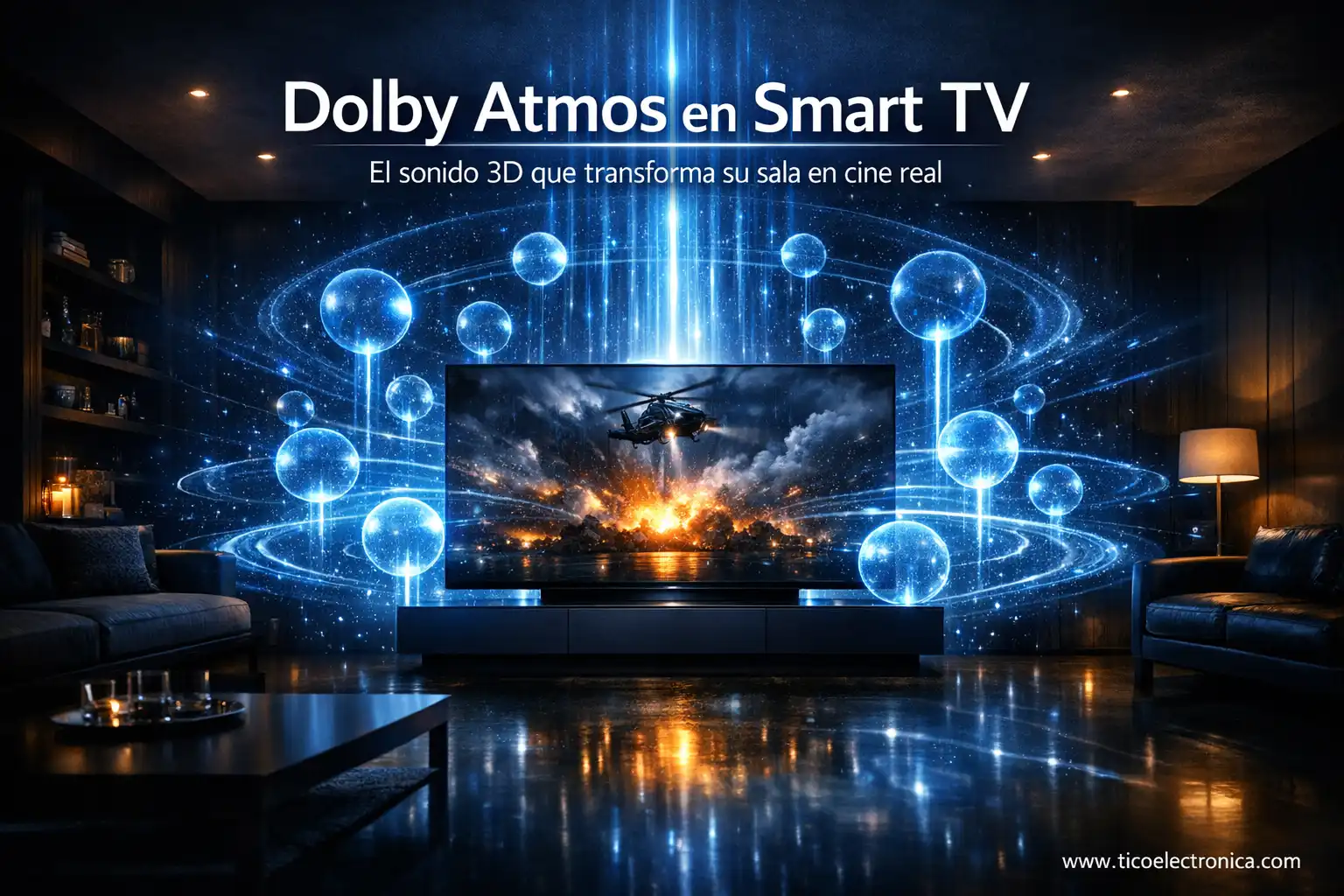 Dolby Atmos en Smart TV: imagen destacada que explica el sonido 3D que transforma la sala en cine real. Incluye compatibilidad con Netflix, Disney+, Prime Video, HDMI eARC, barras de sonido y sistemas Home Theater. Basada en experiencia real de taller de TicoElectrónica en Costa Rica con más de 30 años.