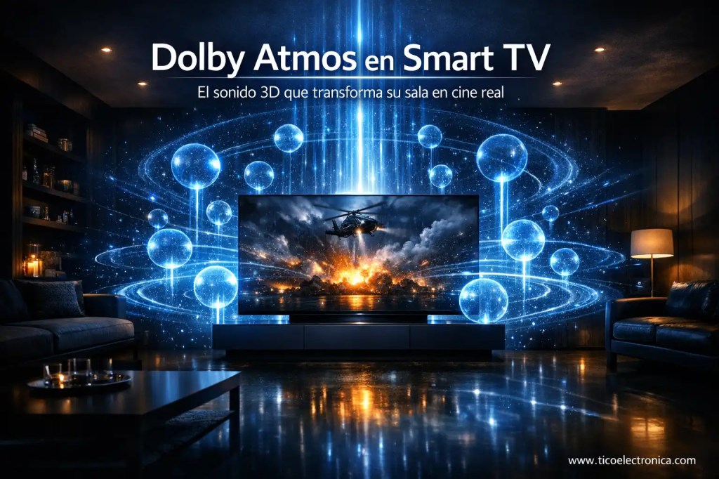 Dolby Atmos en Smart TV: imagen destacada que explica el sonido 3D que transforma la sala en cine real. Incluye compatibilidad con Netflix, Disney+, Prime Video, HDMI eARC, barras de sonido y sistemas Home Theater. Basada en experiencia real de taller de TicoElectrónica en Costa Rica con más de 30 años.