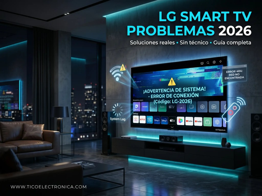 Imagen de error y advertencia de sistema en televisor LG Smart TV: problemas de conexión, red no encontrada (código LG-2026), lag del sistema y soluciones reales sin técnico. Guía técnica completa 2026 para reparar fallas de WiFi, reinicios y errores en webOS. TicoElectrónica.