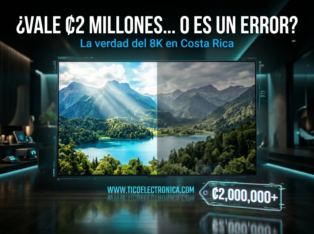 Samsung Neo QLED 8K 2026 en Costa Rica: imagen destacada que pregunta "¿VALE ₡2 MILLONES... O ES UN ERROR?" y responde con "La verdad del 8K en Costa Rica". Incluye la URL www.ticoelectronica.com. Análisis real desde taller con más de 30 años de experiencia.