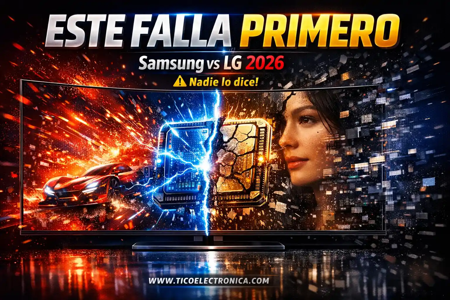 Samsung vs LG 2026 - Comparativa de procesadores Neural Quantum y Alpha 11. Imagen destacada que pregunta "¿Cuál falla primero?" y muestra los logotipos de Samsung y LG enfrentados. Análisis real de rendimiento, lentitud y durabilidad desde el taller de TicoElectrónica en Costa Rica.