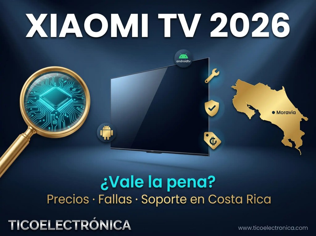 Xiaomi TV Costa Rica 2026: imagen destacada del artículo que responde si vale la pena comprar un televisor Xiaomi en Costa Rica. Incluye análisis de precios, fallas comunes (no enciende, reinicios, WiFi), soporte técnico y disponibilidad de repuestos. Basado en experiencia real de taller en Moravia, San José. TicoElectrónica.