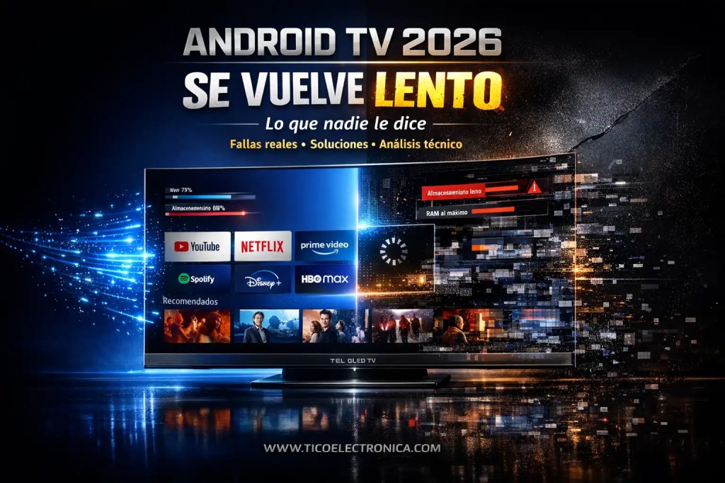 Imagen destacada del artículo "Android TV 2026: ¿Vale la pena o se vuelve lento? Análisis real, fallas y soluciones". Incluye el título principal, advertencias sobre almacenamiento (B19%) y RAM al máximo, iconos de apps populares (YouTube, Netflix, Prime Video, Spotify, Disney+, HBO Max) y la URL www.ticoelectronica.com. Representa visualmente los problemas reales de lentitud en Smart TVs con Android TV.