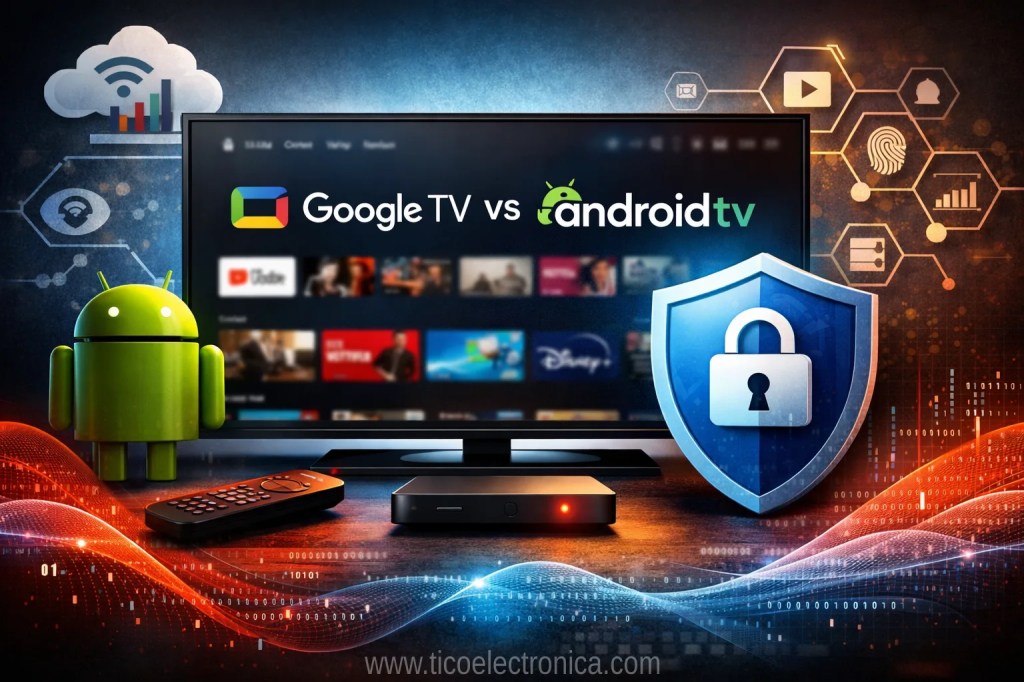 Ilustración comparativa de Google TV y Android TV mostrando privacidad, recolección de datos y tecnologías ACR en televisores inteligentes