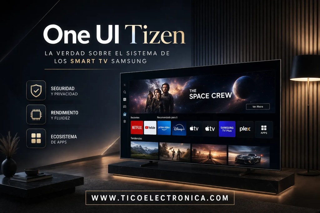 Interfaz del sistema operativo One UI Tizen en Smart TV Samsung mostrando aplicaciones de streaming en un análisis técnico sobre rendimiento, privacidad y funcionamiento del sistema en televisores inteligentes.