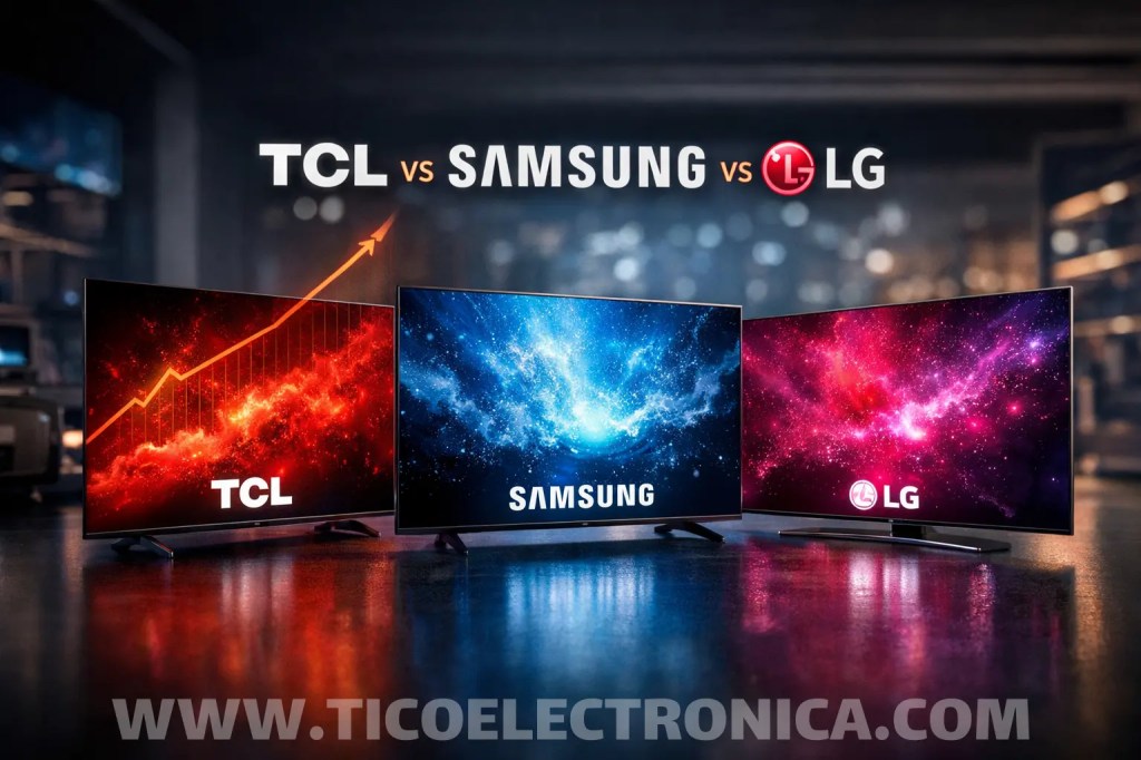 Comparación visual entre televisores TCL, Samsung y LG que representa la competencia en el mercado global de Smart TV durante 2026.