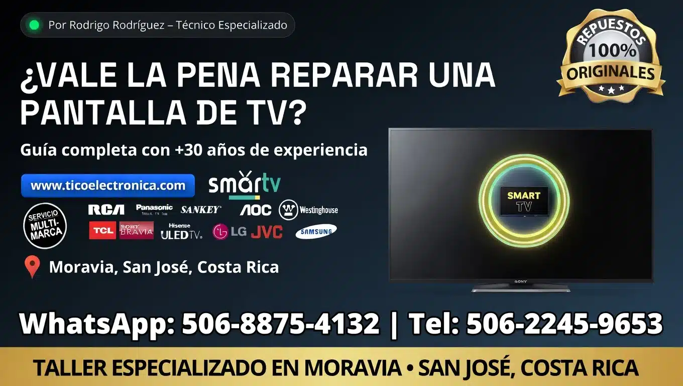 ¿Vale la pena reparar una pantalla de TV? Guía experta de Rodrigo Rodríguez con más de 30 años de experiencia en reparación de televisores en Moravia, San José, Costa Rica