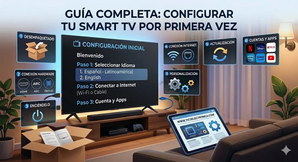Infografía que muestra los 7 pasos clave para configurar un Smart TV por primera vez: desempaquetado, hardware, internet, actualización, cuentas, apps y personalización.