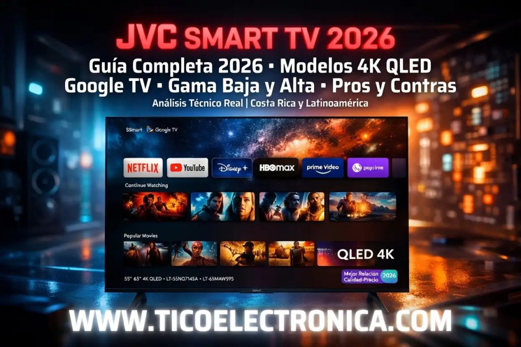 JVC Smart TV 2026: guía completa modelos 4K QLED Google TV, gama baja y alta, pros y contras, análisis técnico real Costa Rica y Latinoamérica