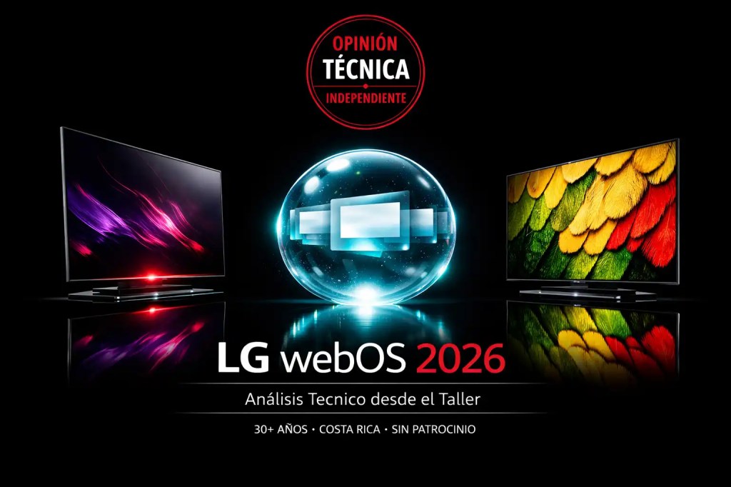 Hero image LG webOS 2026 – análisis técnico desde Costa Rica con televisores OLED y QNED, esfera webOS y sello de opinión independiente.