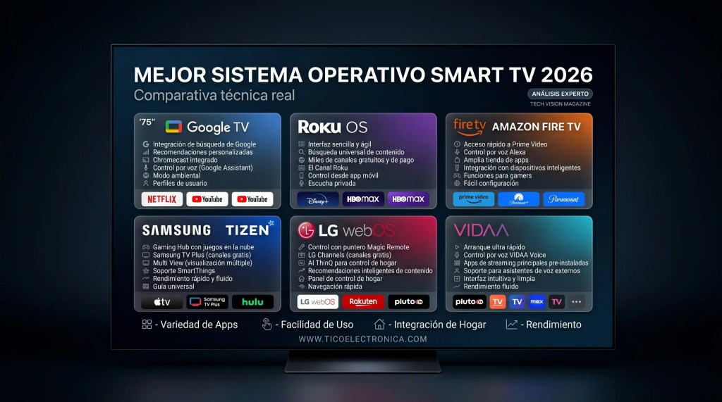 Infografía comparativa técnica de los sistemas operativos para Smart TV 2026: Roku OS, Amazon Fire TV, Google TV, Samsung Tizen, LG webOS y Hisense VIDAA. Incluye características clave como búsqueda universal, Gaming Hub, control por voz, y apps preinstaladas. Guía definitiva de TicoElectrónica.