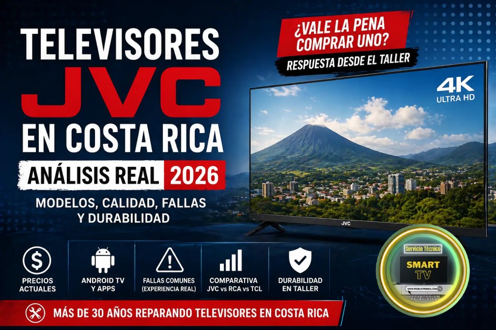 Televisores JVC en Costa Rica 2026 - Análisis técnico real desde el taller. Imagen destacada que resume los modelos disponibles, precios actuales, calidad de imagen, sistema Android TV y apps, fallas comunes (experiencia real de reparación), comparativa JVC vs RCA vs TCL, durabilidad en taller, y la pregunta clave: ¿vale la pena comprar uno? Respuesta desde el taller de TicoElectrónica con más de 30 años de experiencia.