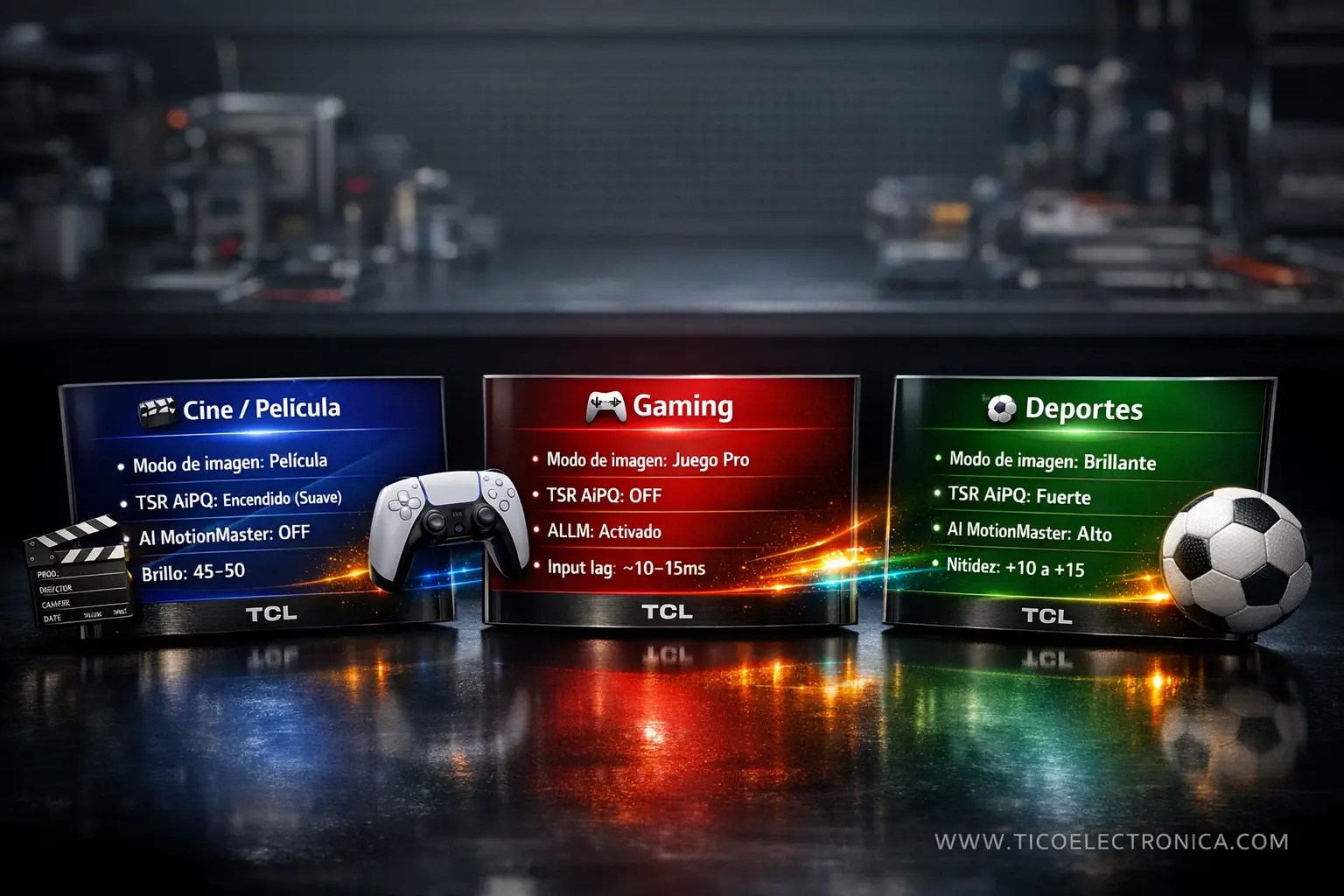 Ajustes del TSR AiPQ para cine, gaming y deportes: modo película, modo juego pro, modo brillante con valores específicos