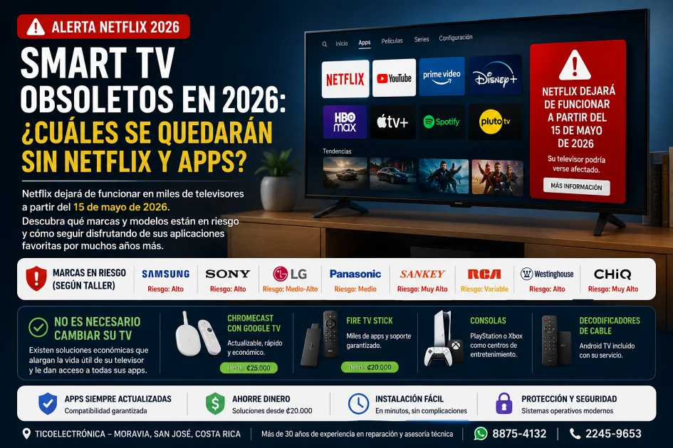 Smart TV obsoletos 2026: alerta Netflix desde mayo, marcas afectadas Samsung Sony LG Panasonic Sankey RCA Westinghouse CHiQ y soluciones económicas con Chromecast Fire TV Stick desde taller en Costa Rica