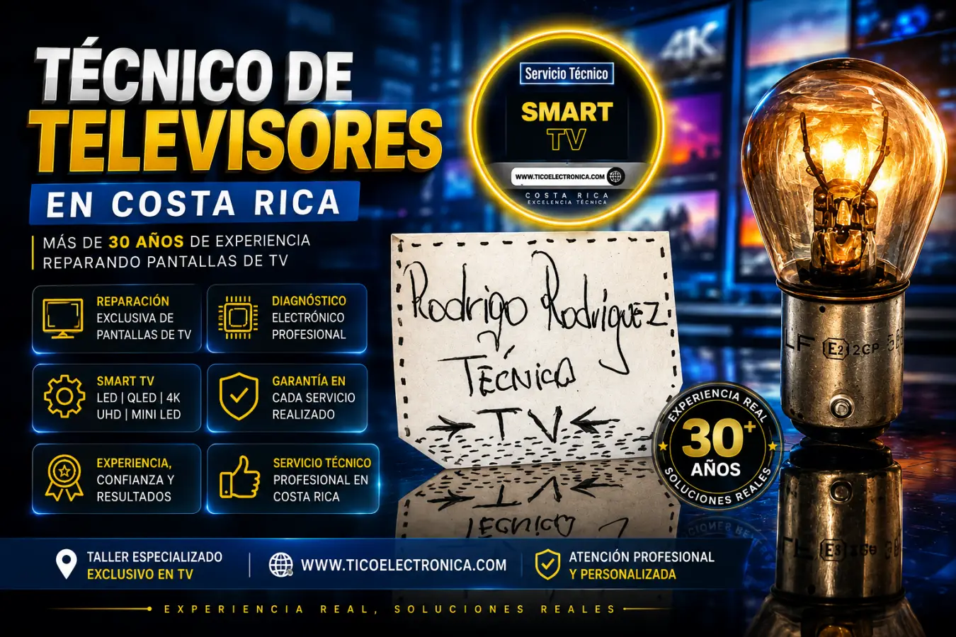 Rodrigo Rodríguez técnico de televisores en Costa Rica con más de 30 años de experiencia en reparación profesional de Smart TVs LED QLED Mini LED y pantallas 4K