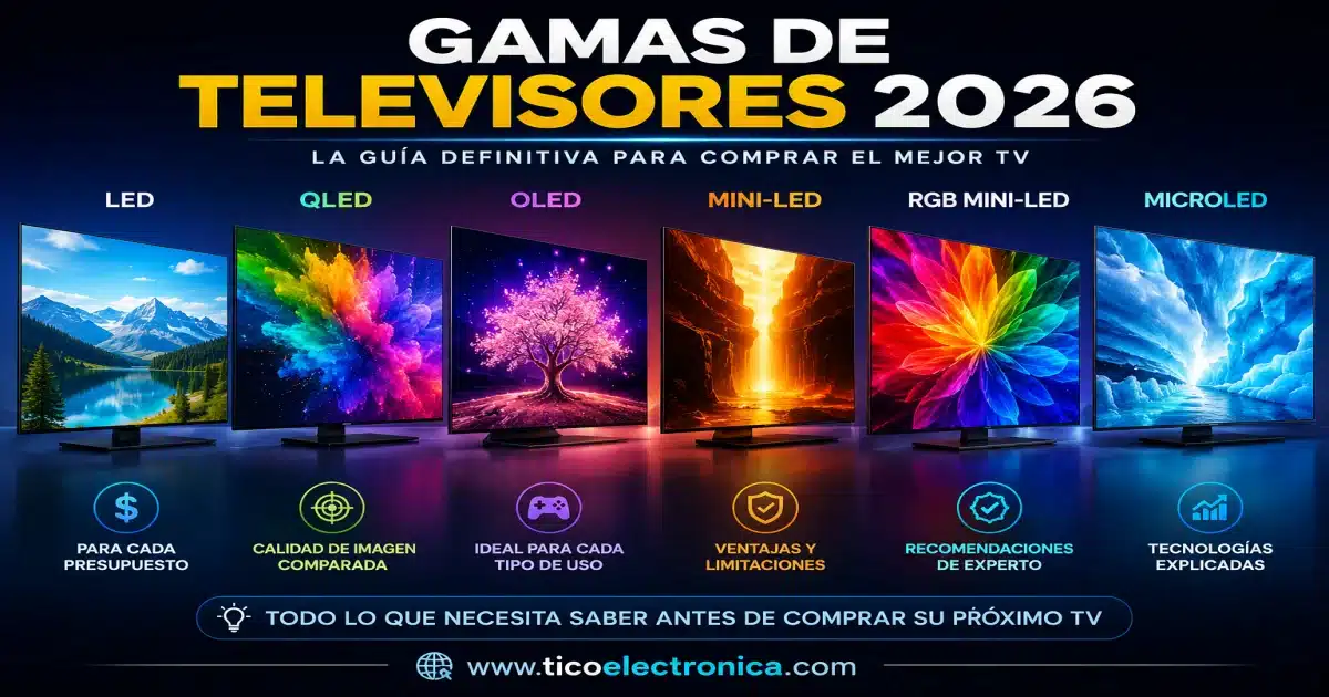 Gamas de televisores 2026 comparativa entre LED, QLED, OLED, Mini LED, RGB Mini LED y MicroLED con guía de compra para elegir el mejor Smart TV según presupuesto y necesidades en Costa Rica. Fuente: www.ticoelectronica.com