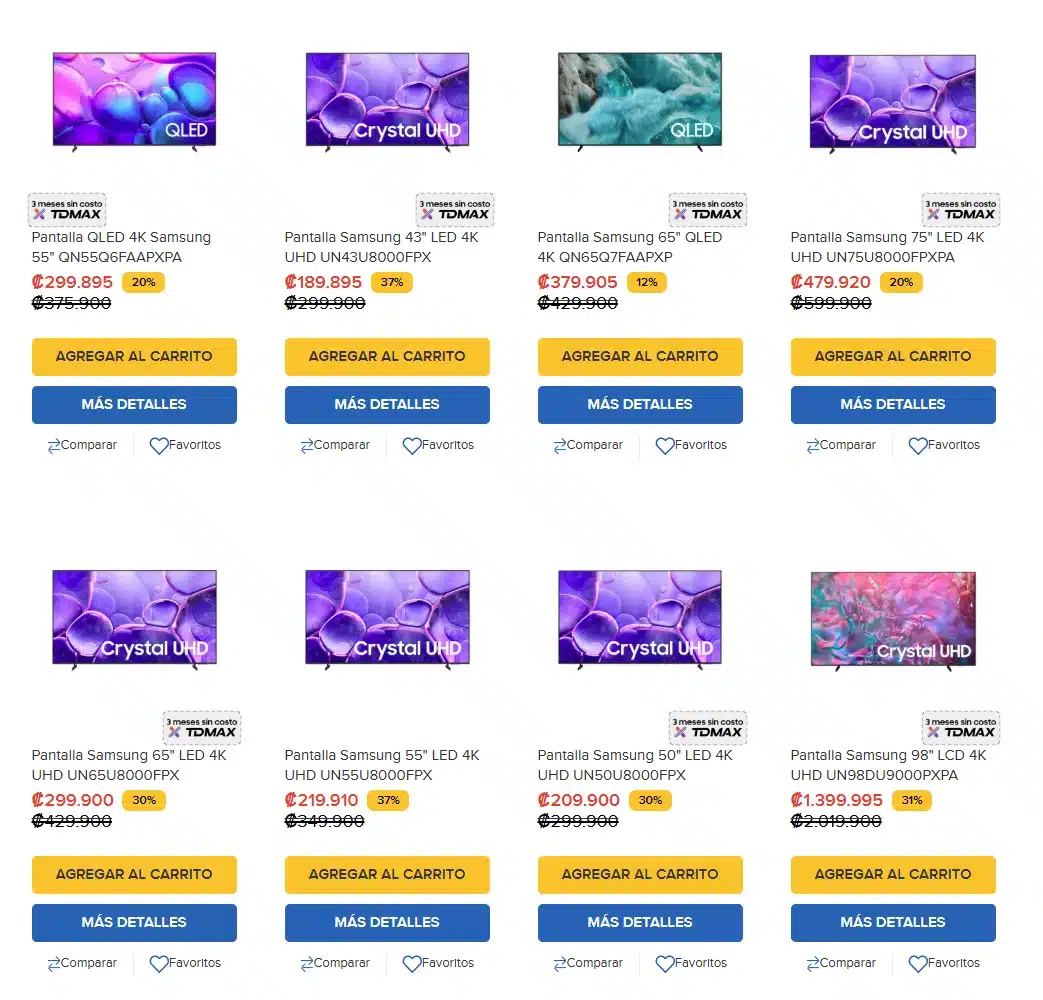 Captura de pantalla del catálogo de Gollo mostrando televisores Samsung Crystal UHD y QLED con precios en colones, descuentos y promociones vigentes en junio de 2026