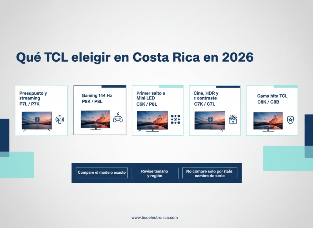 Guía visual para elegir un televisor TCL en Costa Rica en 2026 según presupuesto, gaming, Mini LED, cine HDR y gama alta