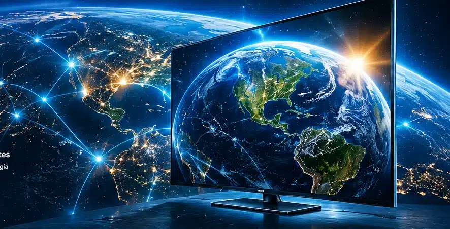 Televisor moderno frente a una representación digital de la Tierra