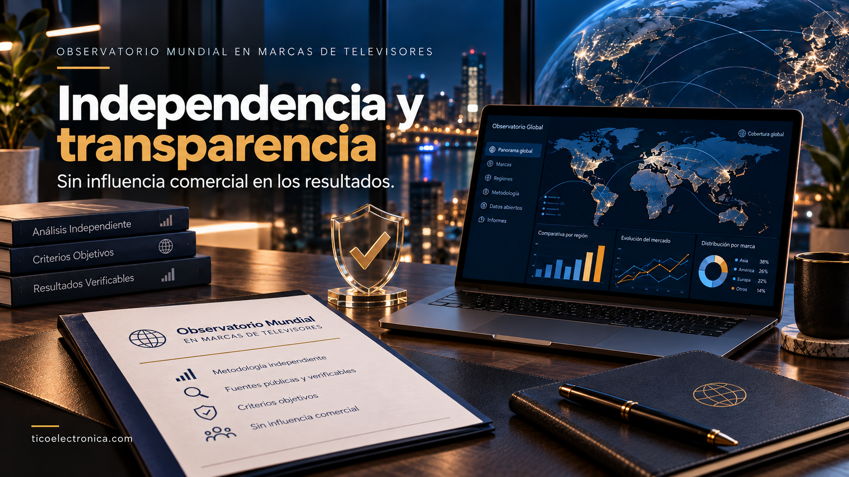 Escena editorial digital sobre análisis independiente y transparencia
