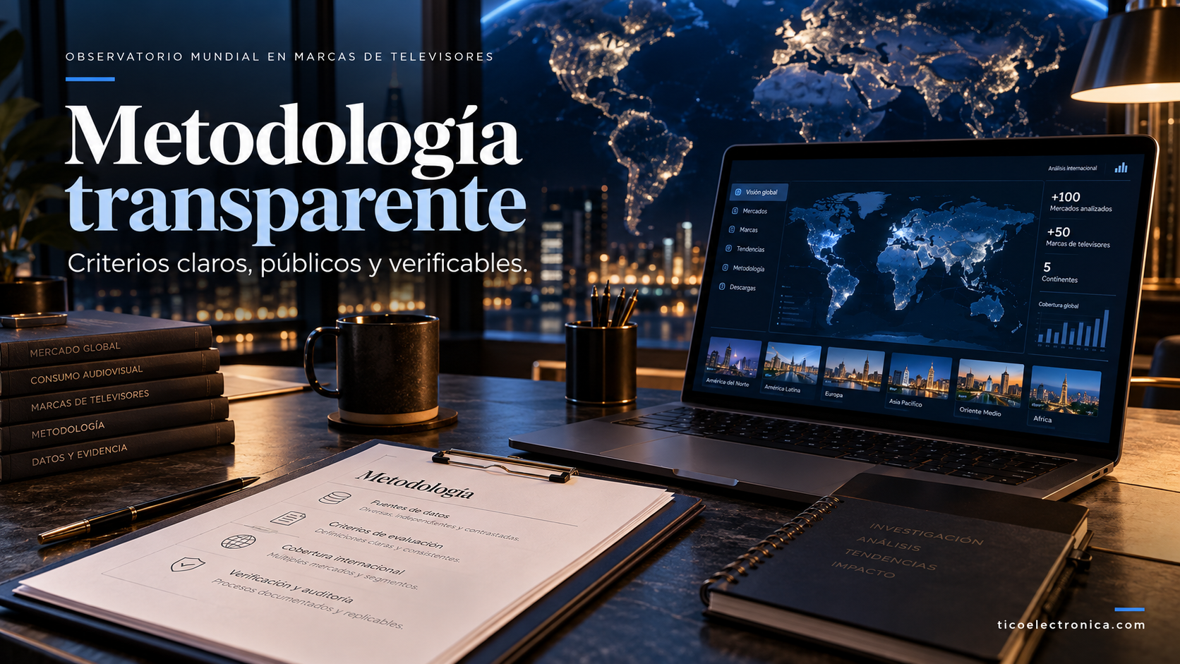 Escena digital de un escritorio con documentos de metodología y panel de análisis mundial