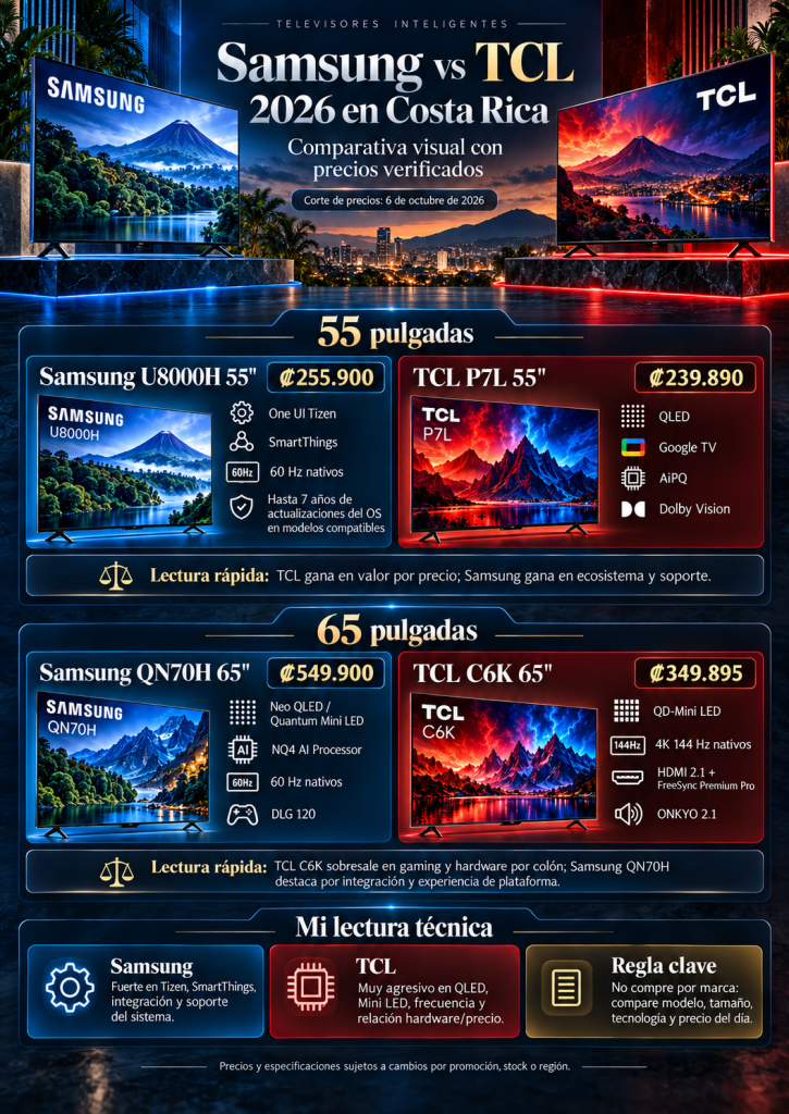 Infografía Samsung vs TCL 2026 en Costa Rica con precios y especificaciones verificadas